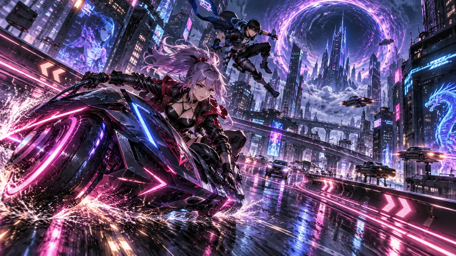 NTE rider moving through a neon futuristic city