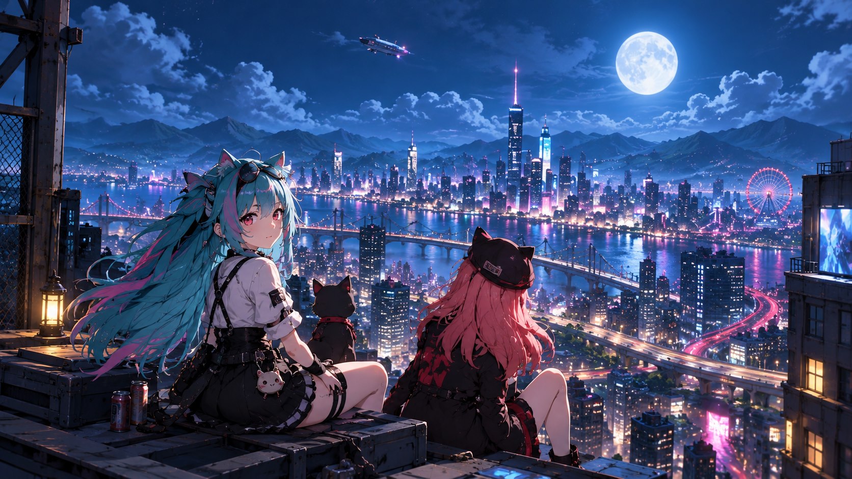 NTE characters overlooking Hethereau beneath a full moon