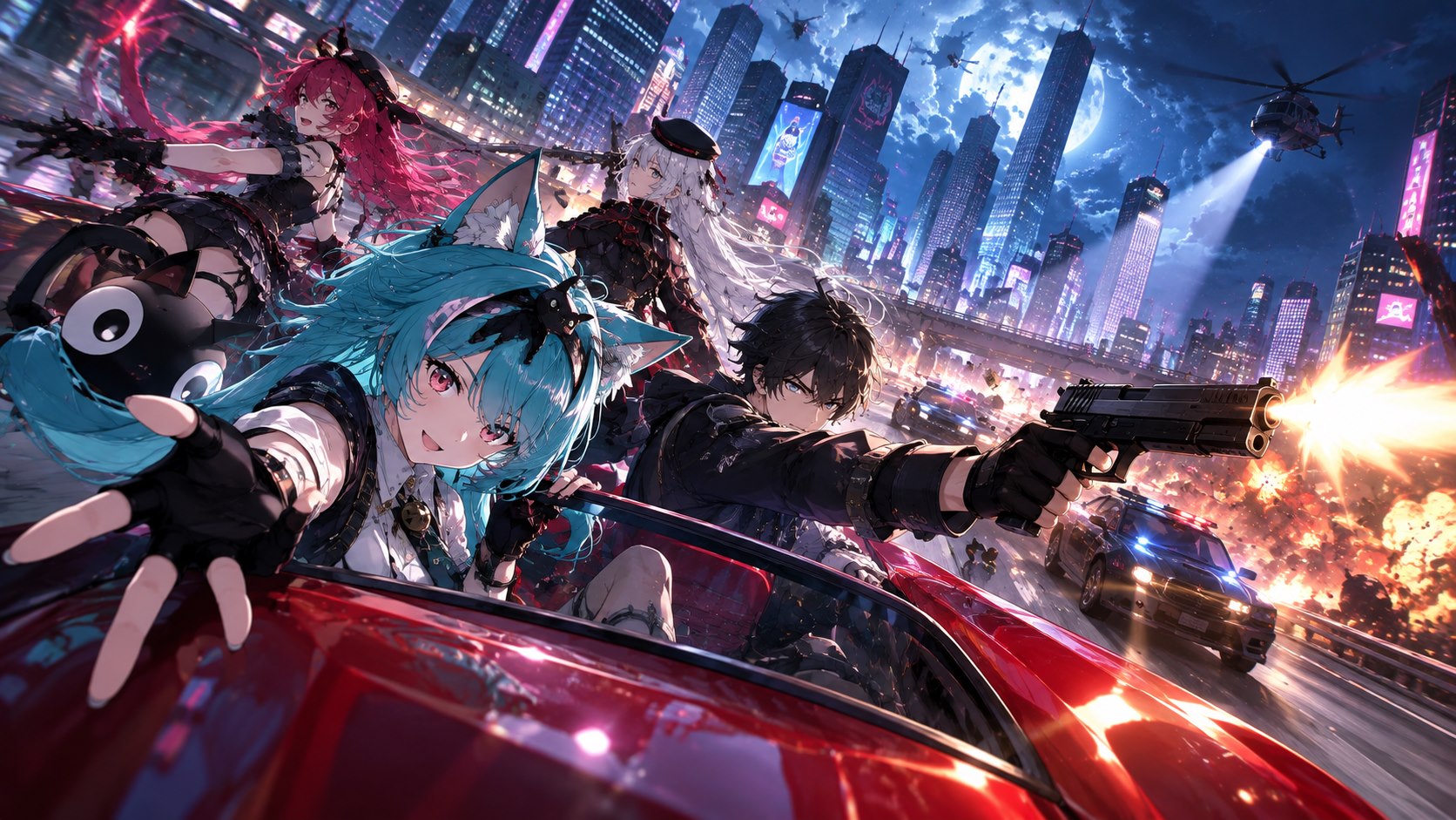 NTE characters driving through a neon city during a high-speed chase