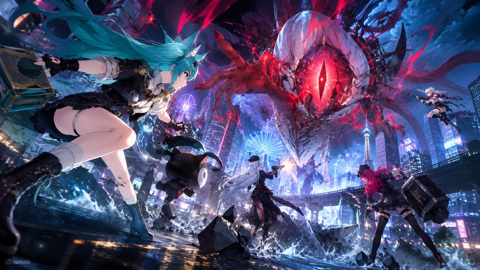 NTE characters confronting a giant anomaly above the city