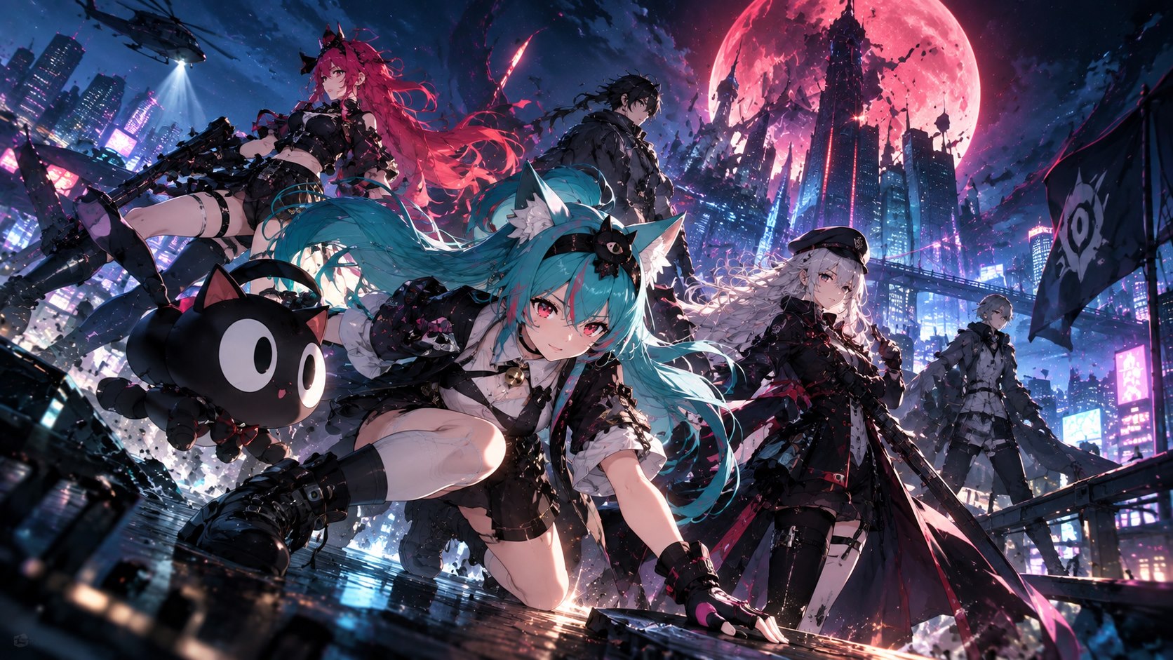 NTE characters assembling for an action scene beneath a glowing moon