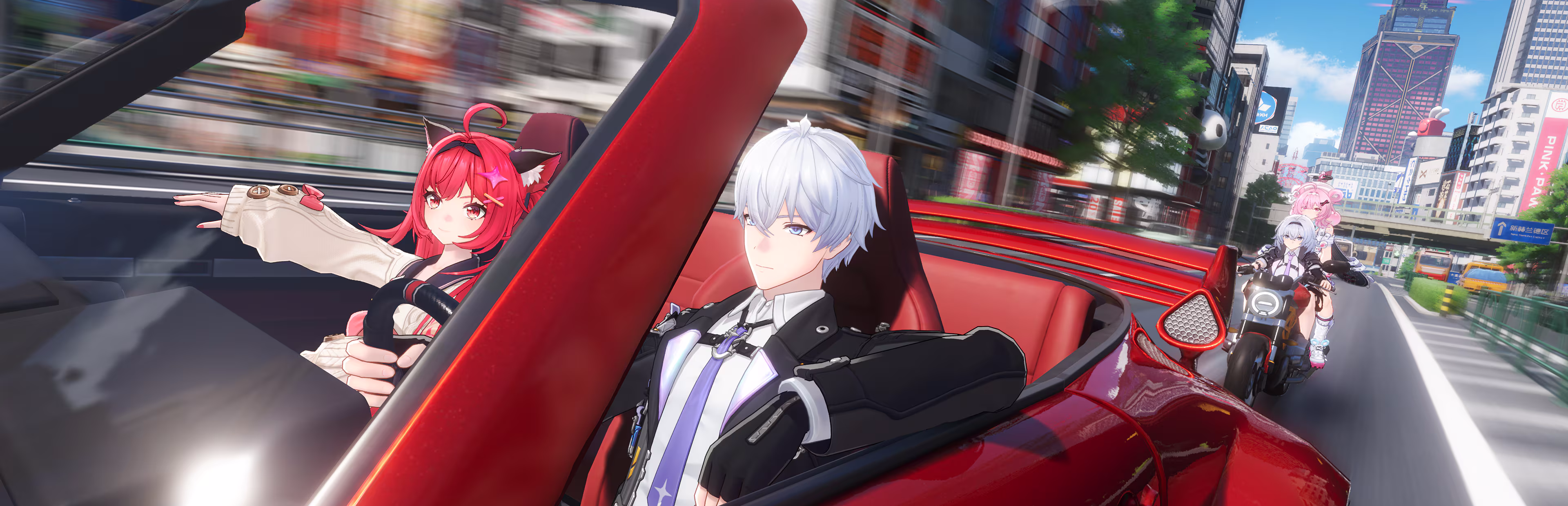NTE characters moving through the city in a car for controller and input guidance