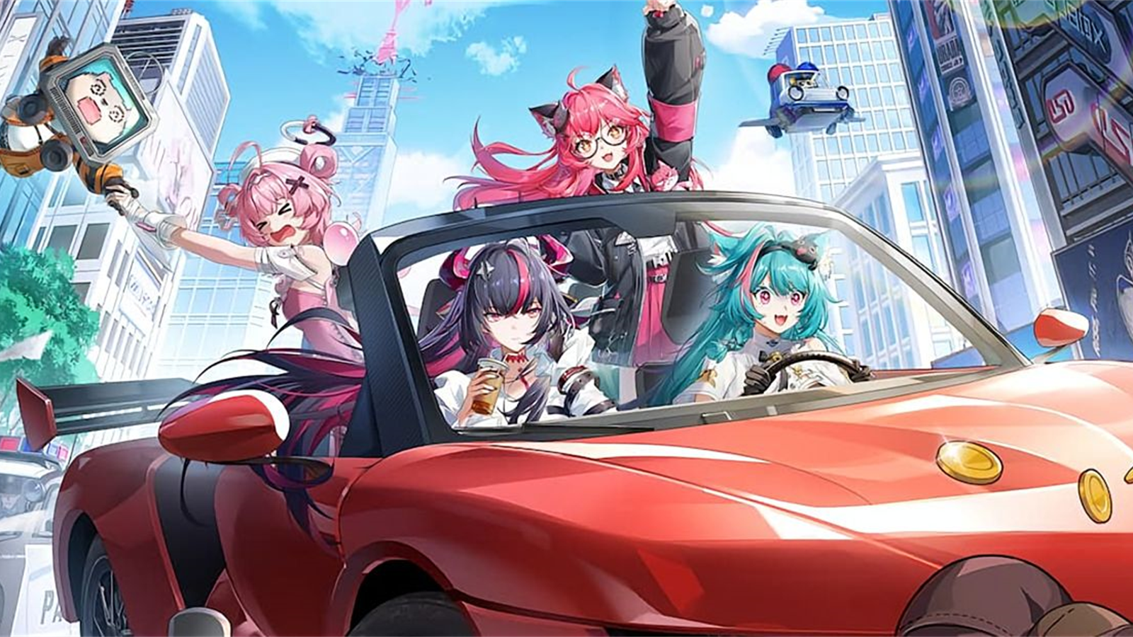NTE characters travelling in a red car for installation and login guidance