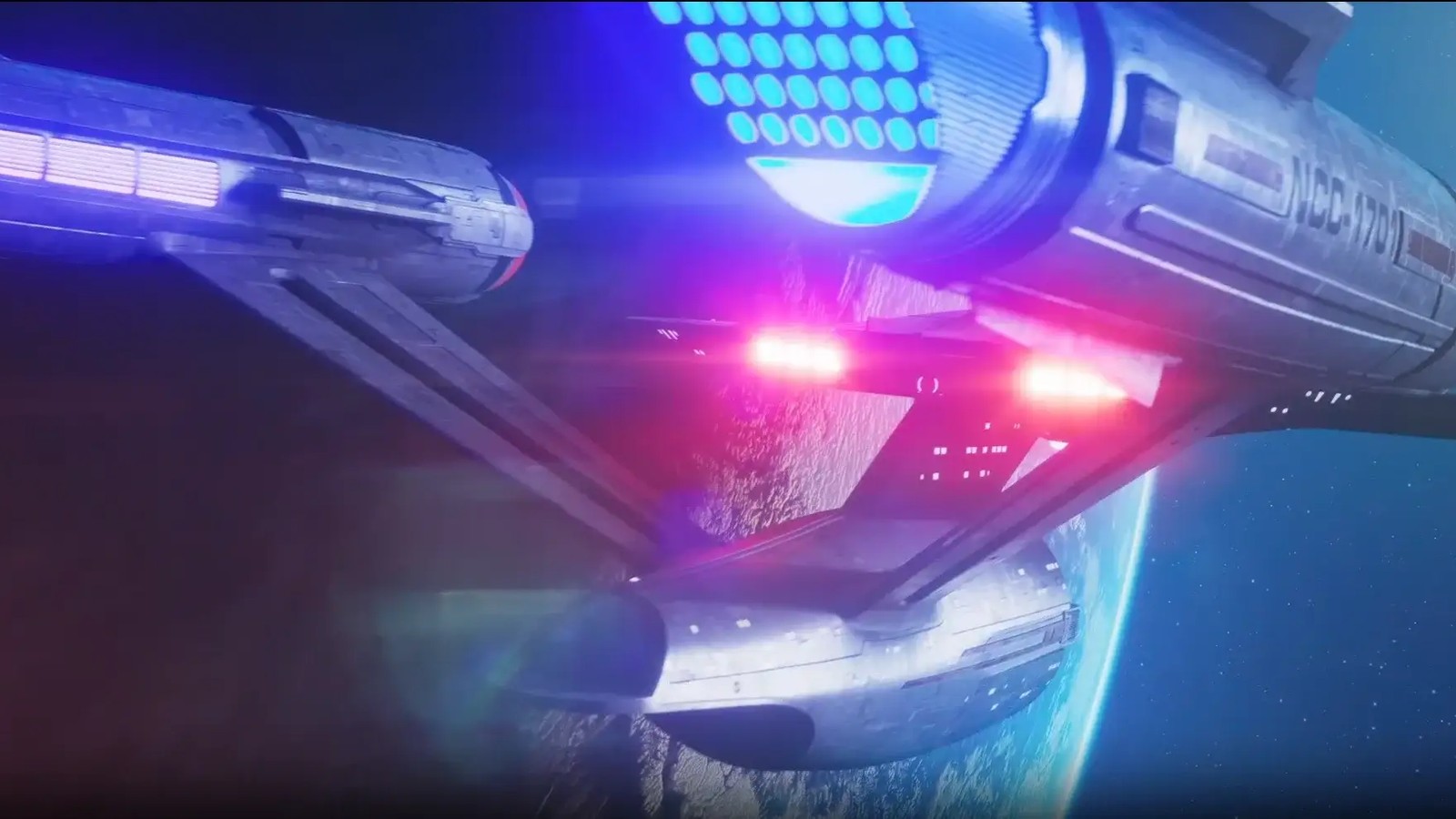 Star Trek Fleet Command ship above a planet's horizon