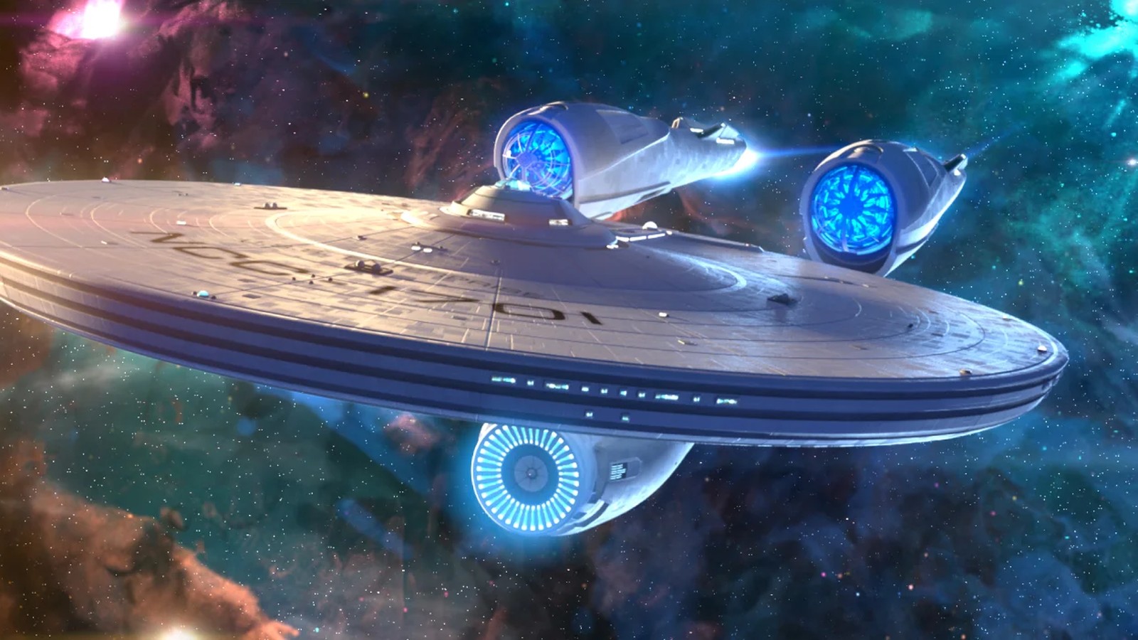 USS Enterprise NCC-1701 banking through a nebula