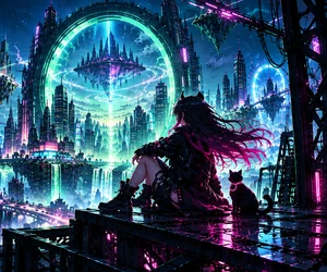 NTE neon city beneath a luminous sky