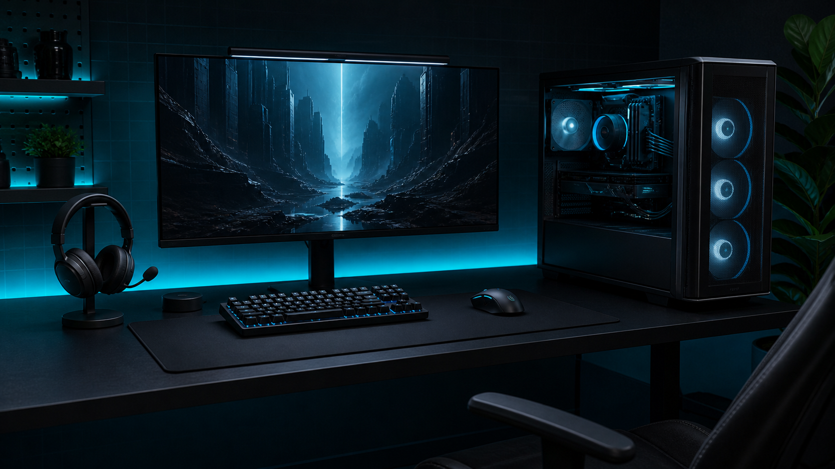 Complete PC gaming setup with monitor and peripherals