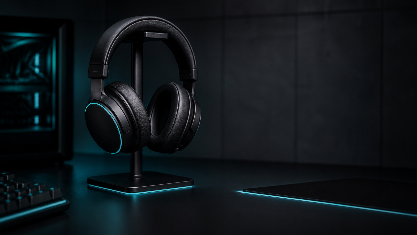 Gaming headset on a dark PC setup
